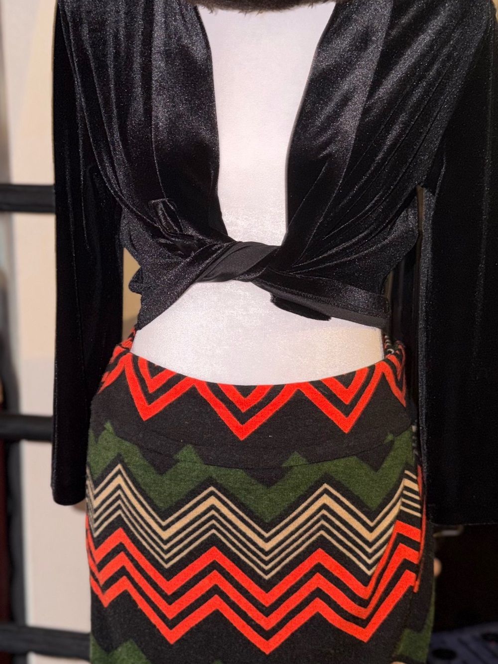 Soho Black Mini Skirt with Red and Green Chevron Pattern